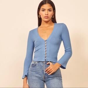 Reformation Gellar Button Front Long Sleeve Ribbed Knit Top Parisian Blue Size S